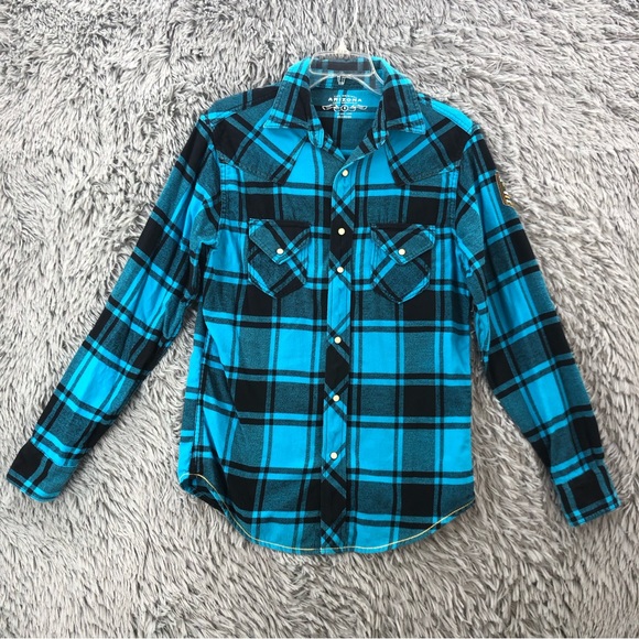 Arizona Shirt Mens Small Plaid Flannel Pearl Snap Blue Long Sleeve Soft - Picture 1 of 10